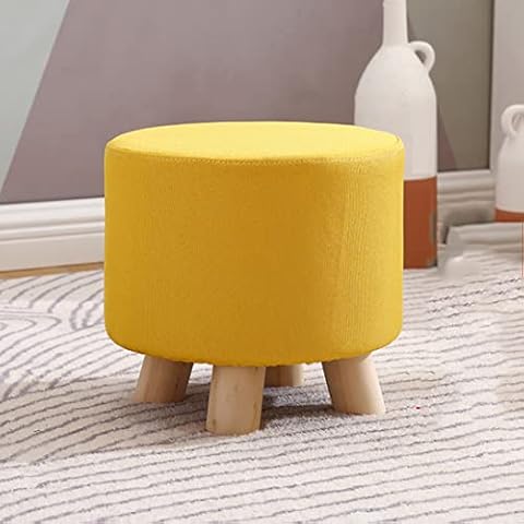 GGoty Wooden Footstool Ottoman Stool,Round Linen Chair Stool Small with 4 Legs Padded for Shoes Wearing Stool Living Room Bedroom (28 * 25CM,Yellow) Cover