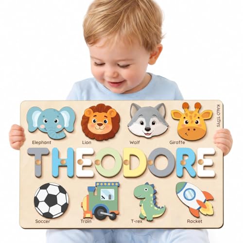Image of Custom Name Puzzle for Toddlers - Personalized Baby Gift with Animal Art Backdrop | 48 Animal Themes | 1st Birthday Gift for Boy & Girl | Personalized Baby Gifts