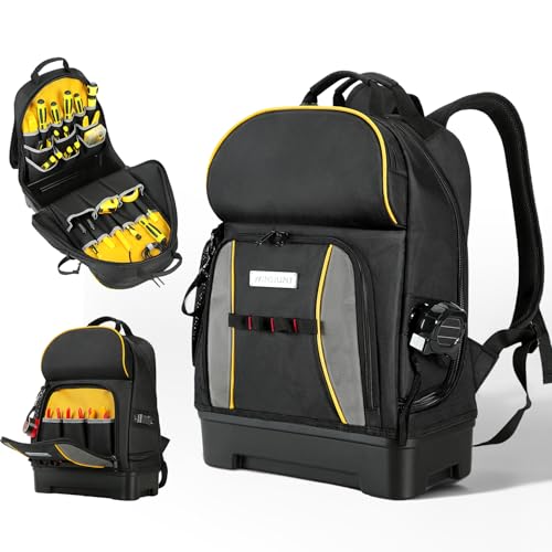 WINHUNT Tool Backpack for Men, 31 x 17 x 47 cm Heavy Duty Tool Bag Backpack with Waterproof Molded Base, 27 Pockets Tool Storage Organizer Bag for Eelectrician, Black