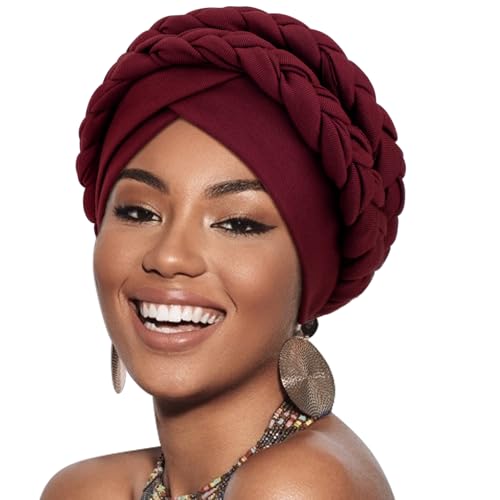 Image of DRESHOW African Women Turban Caps Cotton Beanie Twist Headscarf Pre-Tied Double Twisted Braids Wrap Hat Chemo Cancer Cap