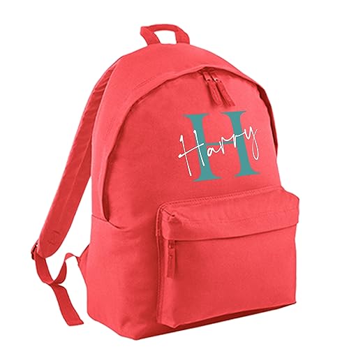 Print Maniacs Personalised Any Name Large 18L Kids Travel Backpack Junior Shoulder Collage Rucksack School Lunch Swimming P.E Laptop Book Bag (Coral, Grey/White Text)