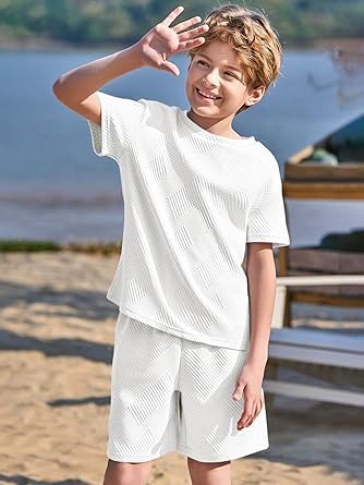 Haloumoning Conjunto de ropa para niño de verano, color sólido, manga corta, camiseta con pantalones cortos elásticos, ropa informal conjuntos con estructura — view 4