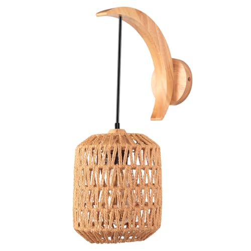 TOKTOP - Aplique de pared interior de madera, E27, cuerda de cáñamo, ratán, lámpara de pared, bohemia, luna, iluminación de pared, vintage, para dormitorio, salón, pasillo, café