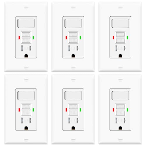 6 Pack GFCI Outlet with Light Switch - 15 Amp Tamper-Resistant Self-Test GFI Switch Combo, LED Indicator, Ground Fault Circuit Interrupter, ETL Listed, White