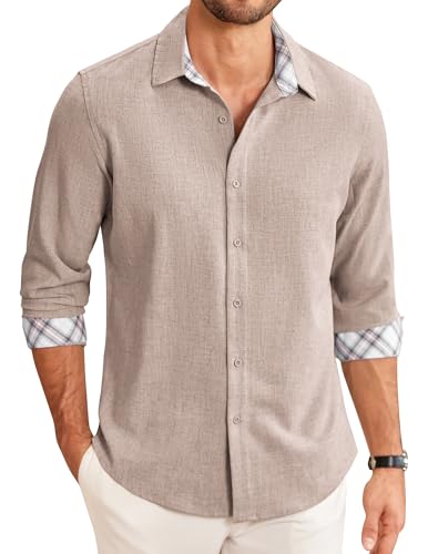 COOFANDY Herren Hemd Langarm Freizeithemd Regular Fit Casual Sommerhemd Kariertes Herrenhemden Khaki L