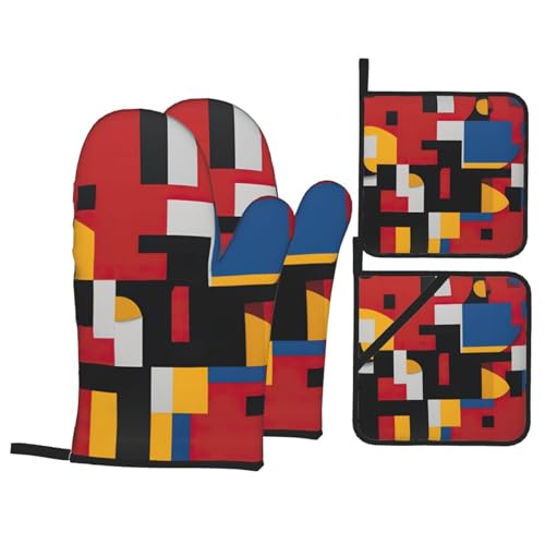 Composition - Juego de 4 manoplas de horno con estampado en rojo, amarillo, azul y negro, para cocinar, asar a la parrilla