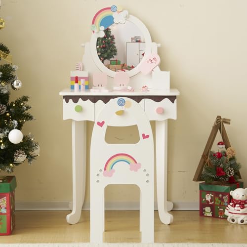 Image of Princess Vanity Table with Lights,Princess Makeup Vanity Desk with Storage Drawer, 2 in 1 Vanity Table & Chair Set with Mirror for Girls (Style 2-White)