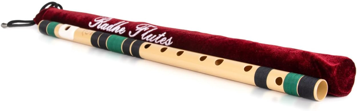 Radhe Flutes | C Natural Right Handed Middle Bansuri | Black & Dark Green | Tuned With Tanpura A=440Hz | PVC Flute + Velvet Cover + Hindi & English Flute Lessons
