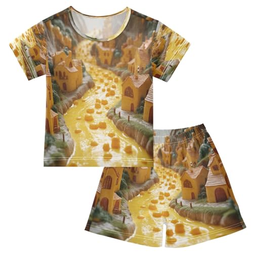 Pajama Sets Short Sleeve Funny Cheese River House Soft Cotton Summer Sleepwear 2 Piece PJS Size 5-14T