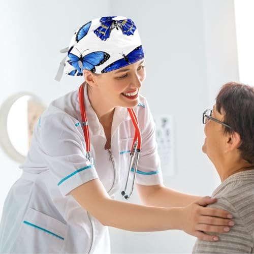 Image of Colored Butterflies Scrub Caps Women, Adjustable Working Cap with Button, Surgical Caps with Bow Hair Scrunchy