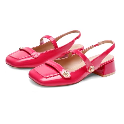 Image of Slingback Mary Jane Heels for Women Low Block Heel Closed Square Toe Pump Shoes Heels Classic Daily Office Dressy Shoes