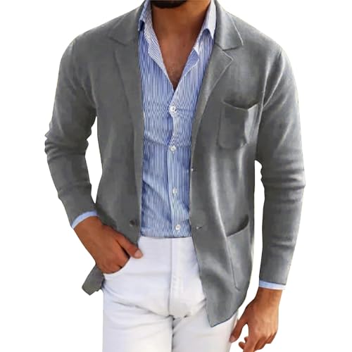 Mens Cardigan Coats Button Down Long Sleeve Lightweight Blazer Jacket Lapel Collar Casual Business Outwear Pockets