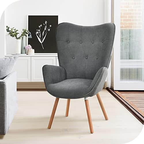 Hernest Wingback Accent Chair Modern Tufted Button Living Room Chairs with High Back and Armrest Comfy Upholstered Vanity Chair Reading Armchair Side Chairs for Bedroom Waiting Room, Grey