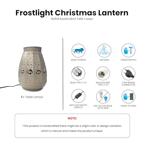 Image of ExclusiveLane 'Frostlight Christmas Lantern' Iron Decorative Table Lamp for Bedroom (22.4 Cm, Without Bulb, Hand-Etched) | Table Lamp for Living Room Decoration Bedside Lamp Bedside Lamps for Bedroom