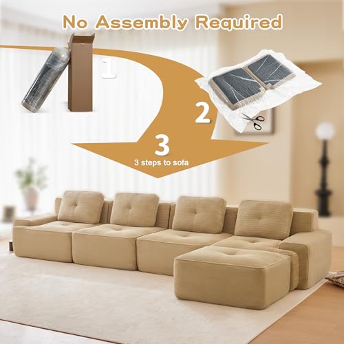 Image of 153 inch L-Shaped 4-Seater Modular Boneless Couch with Ottoman, Soft Corduroy Cloud sectional Sofa, Oversized Deep Seat, No Assembly Anti-Slip Stable Sofa, Camel