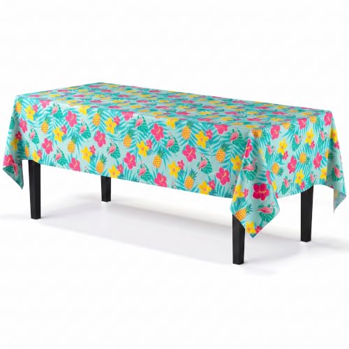 Image of Exquisite Summer Luau Table Cover 6 Pack 54 in. x 108 in. Rectangle Plastic Tablecloth Disposable Table Covers for Hawaiian Tropical Aloha Tiki Flamingo Pineapple Beach Pool Party Supplies