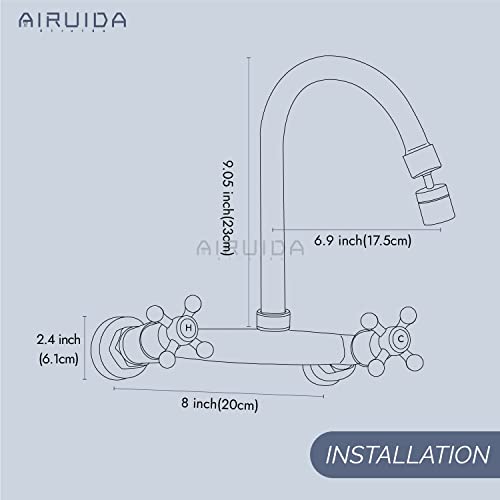 Airuida Antique Brass Wall Mount Kitchen Sink Faucet 8 Inch Center Wall Mount Faucets Connector Set Stainless Steel Commercial Kitchen #TOP7