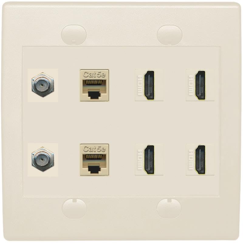 RiteAV 2 Port Coax Cable TV F-Type 2 Cat5e Ethernet 4 HD Wall Plate - Flat 2 Gang [White]