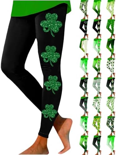 St Patricks Day Leggings for Women Casual Printed Shamrock Stretchy Irish Green Tights Tummy Control Workout Yoga Pants