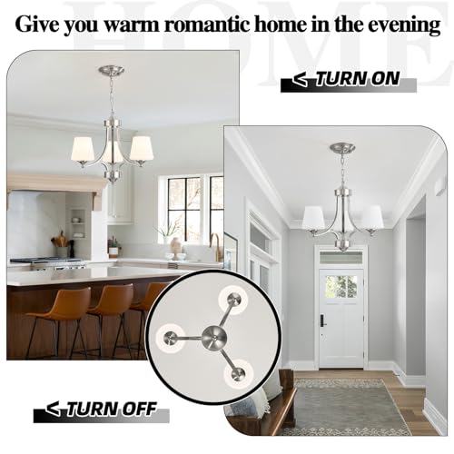 Image of Brushed Nickel Dining Room Light Modern Sliver Chandelier with Frosted Glass, 3-Light Metal Farmhouse Kitchen Island Light Fixtures E26 Hanging Pendent Lighting for Living Room, Kitchen, Foyer