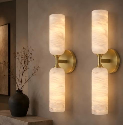 Image of 20in Alabaster Wall Sconces Set of Two, Modern Spanish Natural Marble Bathroom Vanity Sconces, Brass Alabaster Sconce Wall Lighting, Gold Wall Light Fixtures Decor for Bedroom Living Room Staircases