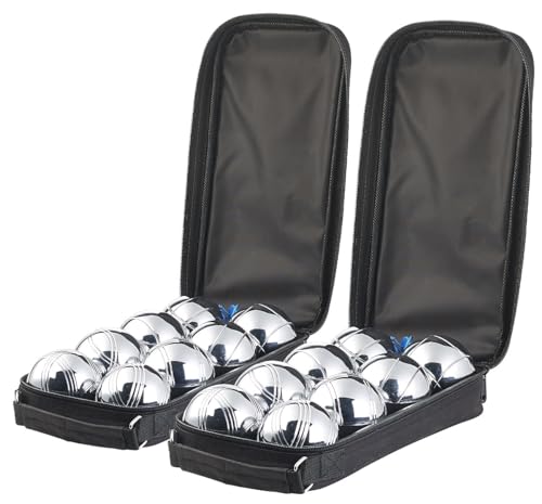 PEARL Boccia Kugeln: 2er-Set Boule- & Boccia-Spiele: 16 Metall-, 2 Holz-Kugel, Tasche (Kugeln Metall, Boule-Spiele mit Metallkugeln, Ball)