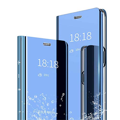 Adamarkeer Coque pour Samsung Galaxy A10 / M10 Case Placage Flip Miroir Case Smart Clear View Standing Housse Antichoc Protecteur Étui PU Cuir Cover Bumper Couverture (Bleu)