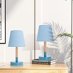 Lamparas De Mesita De Noche Azul Aigostar 2 Piezas Lámpara de Mesa, Lámpara de Mesita de Noche Pequeña de Madera Moderna, lámpara de Noche con Tulipa de Tela Azul y Base de Metal, Portalámparas E14, Decorativa y Vintage