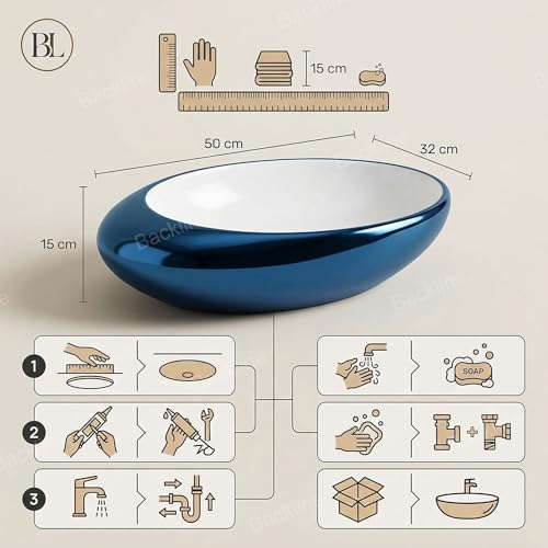 Image of B Backline Ceramic Designer Oval Shape Premiem Counter Top /Over Counter Wash Basin Table Top /Vessel Sink For Bathroom & Living Room 19 X 12 X Inch (Blue White)