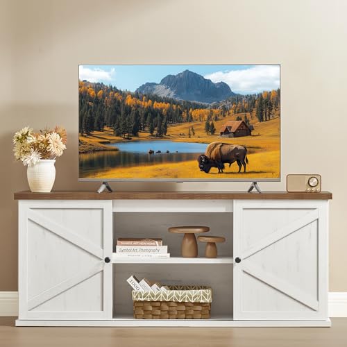 VASAGLE Farmhouse TV Stand for TVs up to 65 Inches, Entertainment Center with Storage Cabinets and Sliding Barn Doors, Media Console Table for Living Room, Rustic White and Honey Brown ULTV535W01