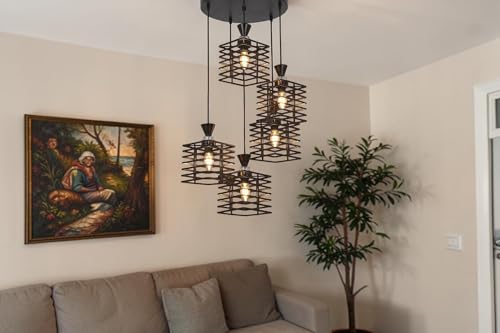 Image of Modern 5-Light Cluster Pendant Ceiling Light | Industrial Cube Metal Hanging Light | Geometric Multi-Light Chandelier for Living Room, Dining Area, Kitchen Island | E27 Holder | Black Finish