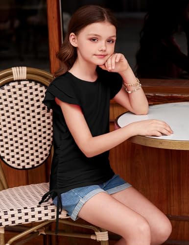 Image of Arshiner Girls T Shirts Ruffle Short Sleeve Ruched Knot Side Tunic Blouse Summer Tee Tops