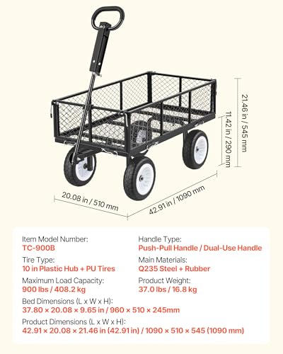 Image of VEVOR 900 LBS Steel Garden Cart, 2 in 1 Handle, Heavy Duty Pullable Garden Wagon with 10 inch Flat-Free Tires, Outdoor Utility Yard Wagon Cart with Detachable Side Panels, Attach to ATV or Tractor