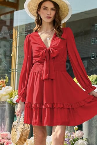 Image of Dokotoo Womens Casual Spring Fall 2025 Deep V Neck Knotted Tiered Chiffon Elegant Mini Short Swing Skater Dresses