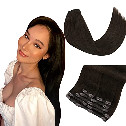 Fshine Human Clip in Hair Extensions 14 Inch 7 Pcs Straight Hair Extensions Clip in Human Hair Clip Ins 120 Gram Remy Double Weft Clip in Hair Extensions