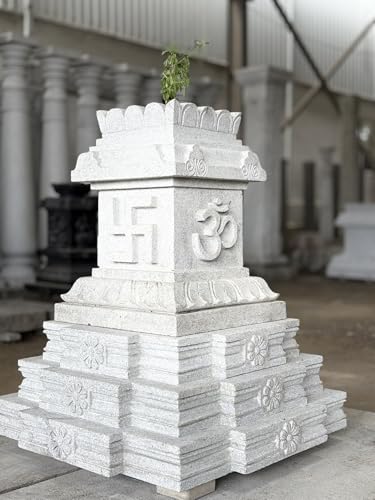 Image of Sri Kanchi Temple Works | Stone Tulasi Maadam | Temple Style Structure | Size -36 * 36 * 36 inches with peedam | Brindavan Top Kudu Design Ohm Swastik Sign | Indoor and Outdoor Tulasi Pot |