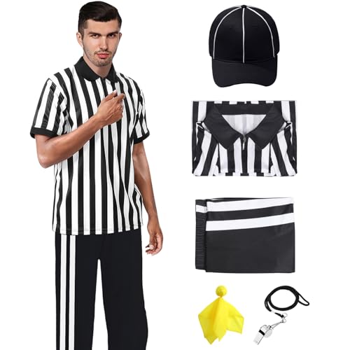 Mprocen 5Pcs Men Referee Costume Kit Official Referee Shirt Women Ref Hat Whistle Yellow Penalty Flag for Football Soccer