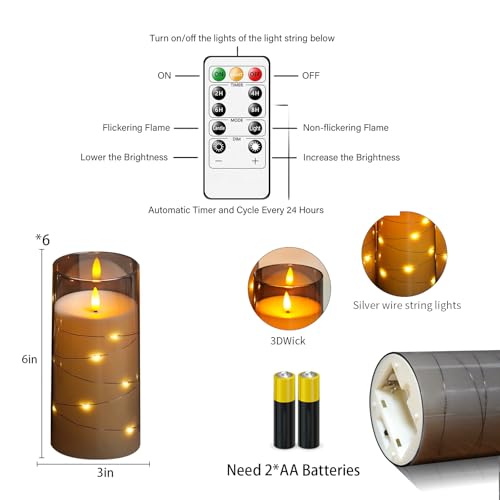 Image of Flickering Flameless Candles with Remote Timer, 6pcs LED Battery Operated Candles with Embedded String Lights Grey, Fall Halloween Candles Decor for Home, D3 H6