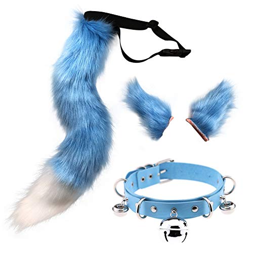 DRESHOW Fox Faux Fur Tail Cat Ears Hair Clip Halloween Party Costume Neck Choker Cosplay Set for Women, Fur Tail Set-16 Blue & White