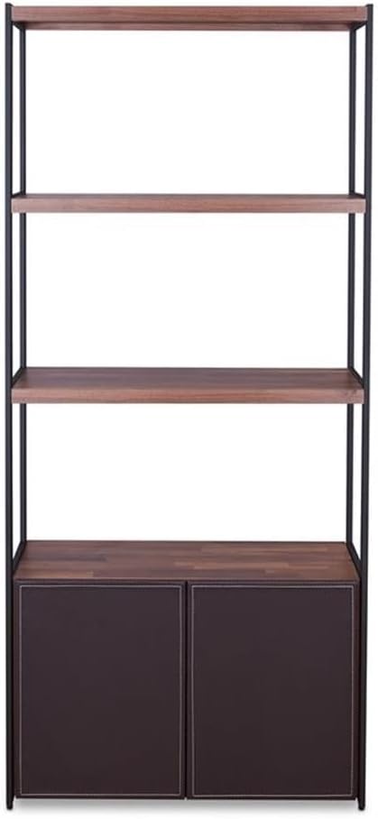 Modern Black Wood Bookcase with Faux Leather Doors, 32"x70"