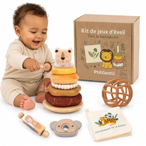 Ptit’Gaby – Coffret Naissance Montessori Mixte Bébé – Balle Sensorielle, Livre en Tissu, Tour d’Empilage – 6 Jeux d’Éveil Bois & Silicone – Garçon & Fille