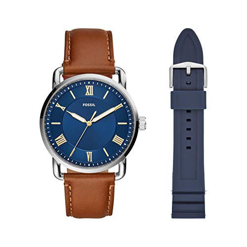 Fossil Men's Copeland Stainless Steel Quartz Watch with Leather Strap, Brown, 22 & 22mm Silicone Watch Band, Color: Navy Blue