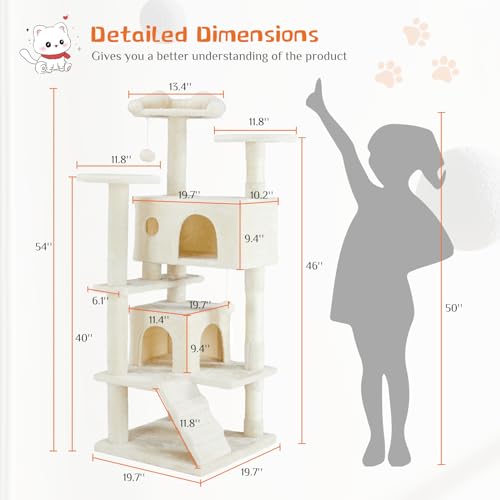 Image of Sweetcrispy 54 Inch Cats Tree Tower, Multi-Level with Scratching Post, Indoor Cat Tree Condo with Climbing Ladder, Plush Toy, Play House for Kittens, Beige