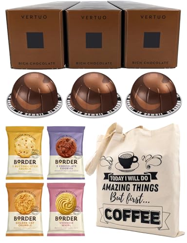Coffee Pod Multipack for Nespresso Vertuo Machine - Rich Chocolate Coffee Capsules - 3 Boxes (30 Pods) with Border Biscuits and Reusable Tote Bag
