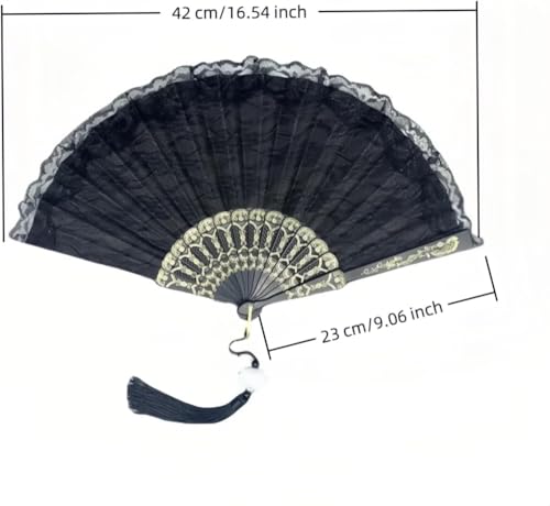 Image of Vintage Bridal Lace Hand Fan, Floral Embroidery Glitter Tassels Foldable | Wedding Dance Tea Party Gift for Women, Mother, Bride, Compact Retro Cosplay