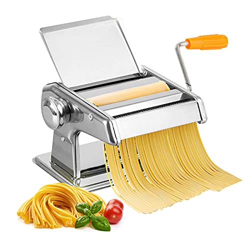 Pasta Maker, Stainless Steel Manual Pasta Machine Pasta Maker Pasta Roller Pasta Cutter Noodle Making Machine, with Hand Crank and Instructions (Silver) US STOCK