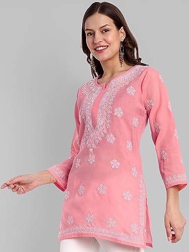 Image of Ada Hand Embroidered Lucknow Chikankari Straight Round Neck Cotton Blend Short Kurti Tunic Top for Women A911333