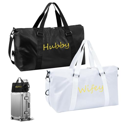 Kuabiz 2 Pcs Wifey Hubby Duffle Bag Set White Black