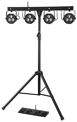 Showlite LB-4390 LED Licht Komplettanlage RGB, mit Wireless Fußschalter (Tri-LED PAR Spots, weiße Strobe-Spots, DMX512, Funk-Fußpedal, LCD-Display, Mikrofon, T-Bar, Stativ, Taschen)
