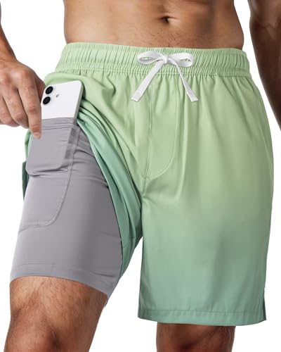 FreSprtti Men's Swim Trunks, 2 in 1 Board Shorts Swimsuit Quick Dry Beach Shorts with Pockets Compression Liner Bathing Suits